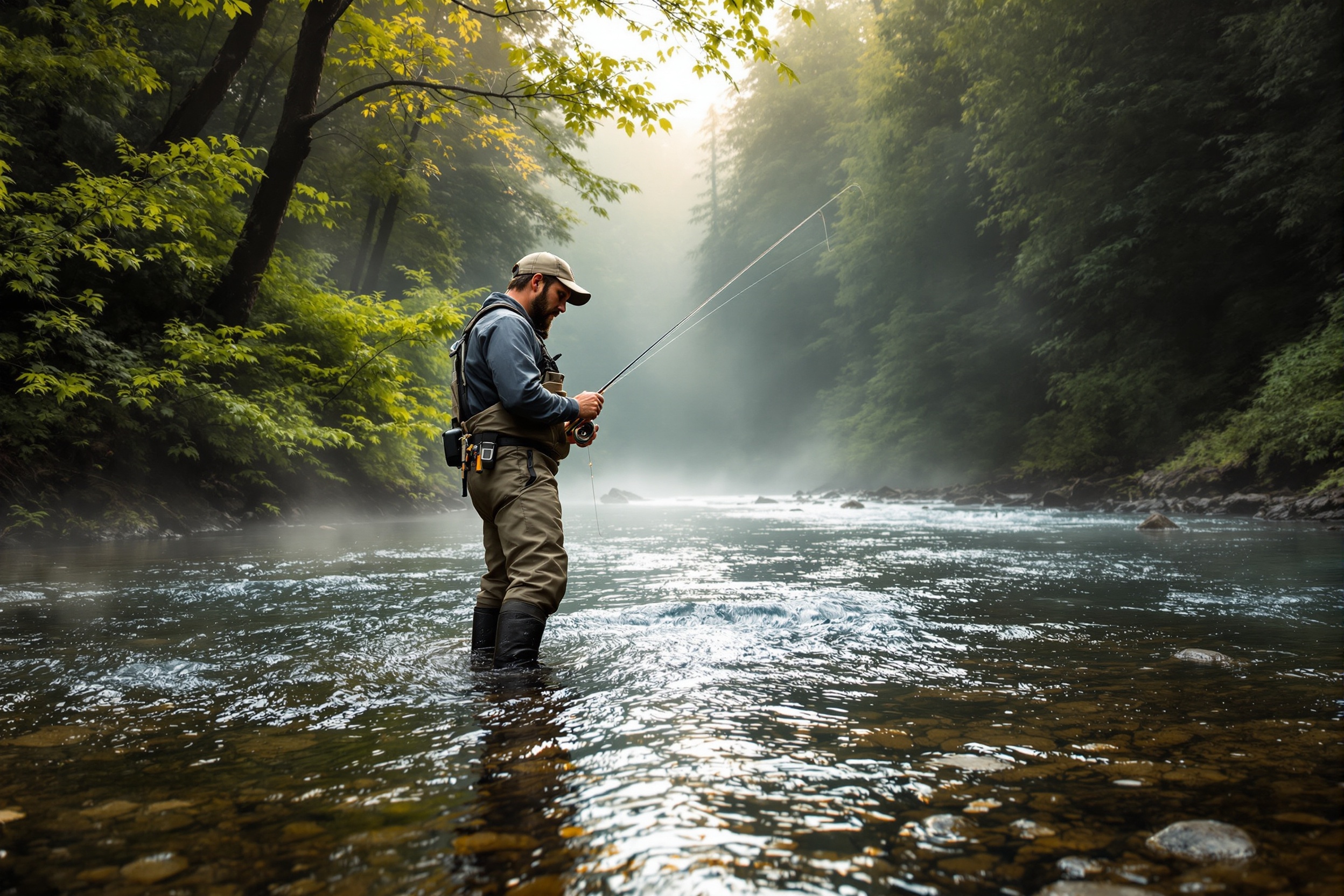 Fly fisherman wearing snake gaiters over waders in a shallow stream